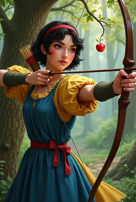 masterpiece, top quality, best quality, A gril,black hair,short hair,slightly curly hair，fair skin，brown eyes，red headband,Blue and yellow puff sleeve long dress,Archer,medieval style,Shoot the apple,in the forest