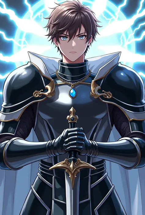 Anime style design of a young, semi-burly man, with brown colored hair, with bright silver eyes, Medieval paladin knight dress in mostly shiny black and silver colors, with black lightning bolt armor chest detailing with shiny gold on chest, from neck to w...