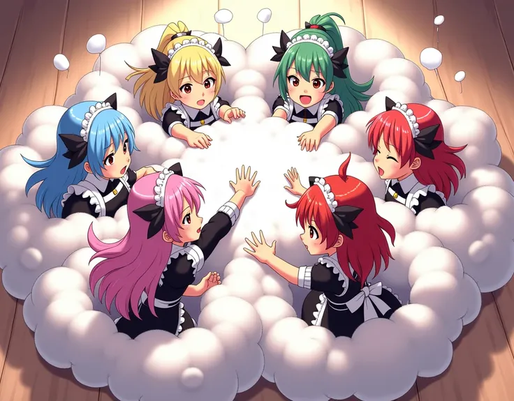 An anime-style illustration depicting many vampire-maids playfully wrestling with each other inside a brack comical fight cloud (dust cloud).
each maid has different  colored hair.
their faces,hands,and feet are visible emerging from the cloud as they tuss...