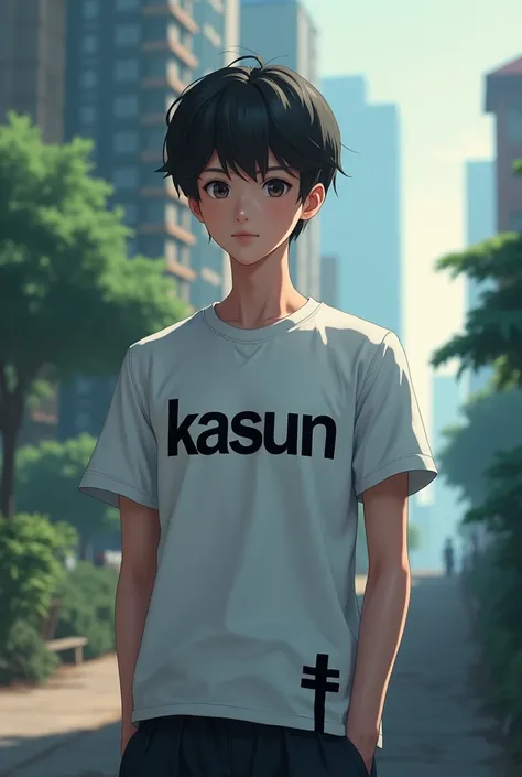 There is a 1 student dressed in a white t-shirt with the word "KASUN" written in black on his t-shirt with a cross on the side.
