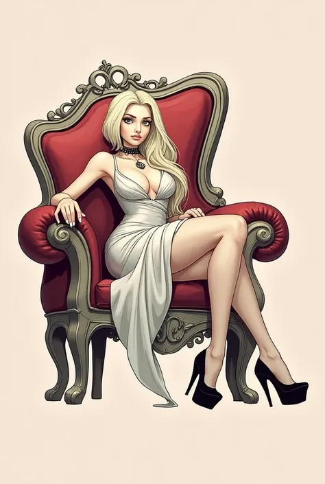 1 , Long hair, looking at the viewer, full body, green eyes, Platinum blonde hair, big breasts, wearing an elegant short white dress showing off her body curves, wearing a collar with the letter S engraved on it and a sexy expression sitting on a red thron...