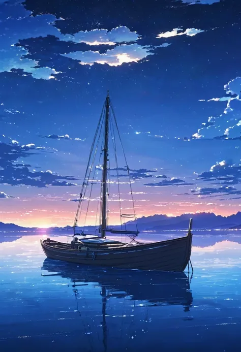 Anime Landscape，Sunset，There is a boat on the calm lake, Universe sky. by Shinkai Makoto, Shinkai Makoto. —h 2160, Blue sea. by Shinkai Makoto, Anime beautiful peaceful scene, Detailed scenery —width 672, Shinkai Makoto!, Anime Landscape Wallpaper, style o...