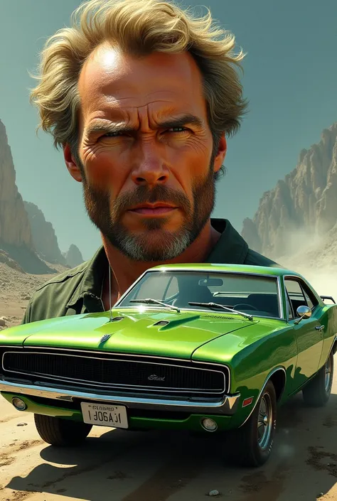 Dessin portrait clint Eastwood avec ford torino verte 