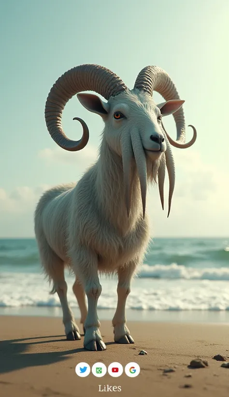 Create an image of a hybrid animal that combines the body of a goat with the tentacles of a squid for a head, set against a beach backdrop. The creature should have prominent curved horns and appear to be standing on the sand. Include social media-like int...