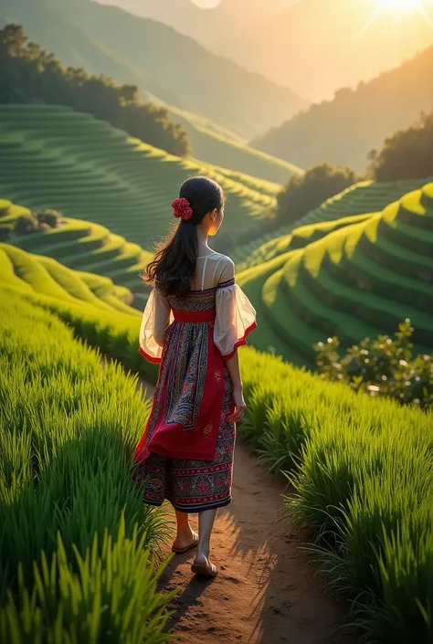 a Vietnamese Beautiful girl is walking on the board of Rice terraces , her shadow is under the sunset, she wears the traditional cloth of Hmong Ethnic