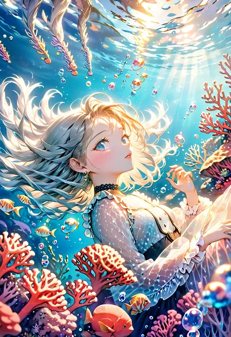 a photorealistic, highly detailed, and visually stunning digital artwork depicting a young girl floating underwater in a vibrant coral reef scene, with a soft, dramatic lighting that creates a dreamlike and fantastical atmosphere. The girl has a beautiful,...