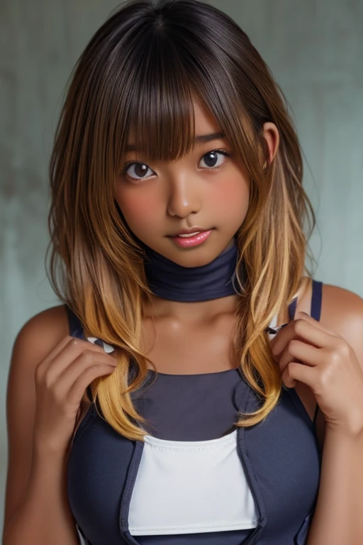 (((( one girl )))), Put your hand over your mouth、Beautiful breasts、 Brown eyes, ((Gal Hairstyles)) blonde, girl, (Eye and facial details:1.0), break, (masterpiece, Highest quality, Very detailed, Detailed face, 8k),( dark skin:2.05 ), (((( school swimsuit...