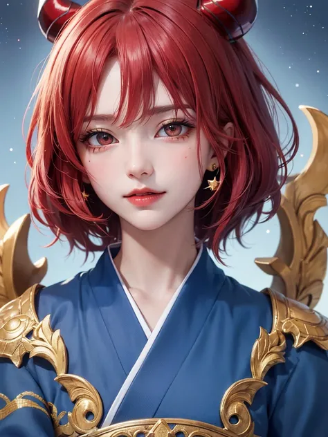 masterpiece，Best Quality，8k，Detailed skin texture，Detailed cloth texture，Beautifully detailed face，Intricate details，Ultra-detailed，Portrait of Rei Ayanami，Red Hair，Red colored eyes，Devil horns on head,Pixieカット，Shining Skin Hair Ornaments,Gold Hair Ornamen...