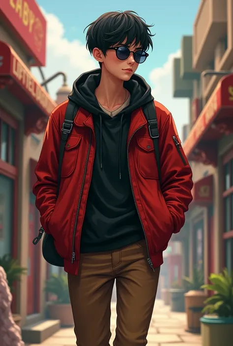 a teenage man wearing sunglasses with a black blouse and a red jacket with short straight black hair and brown pants dee exploration 