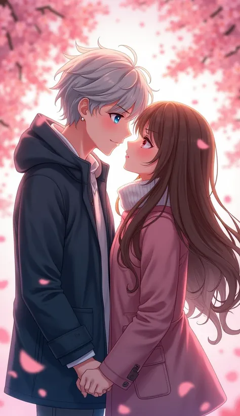 Couple。Men have grey bob hair、Odd Eye、Left eye is blue、Right eye is red。Women have long hair with bangs、Brown Hair、Brown eyes。Dress code: Parker。whole body。Holding hands。Anime Style。cherry blossoms。4K。Cheek to cheek。Kiss