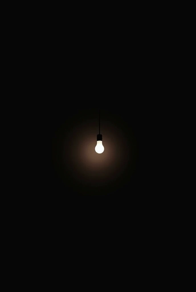 "Create a minimalistic mobile wallpaper featuring a single hanging lightbulb glowing softly in a dark room. The color palette should be limited to black, white, and shades of brown. The lightbulb should be positioned near the top center, casting a soft, su...