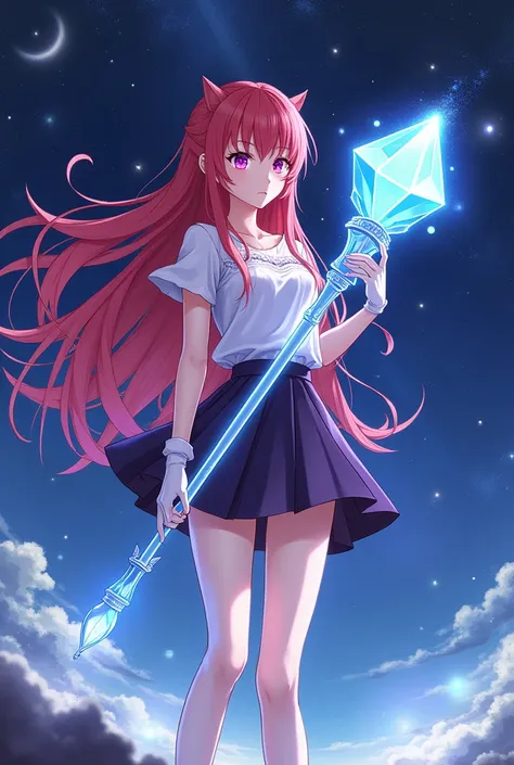 Red long hair anime girl，White Gloves，short skirt dress，white pantyhose，Night sky，Gemstone huge magic wand，Anime comic style，1