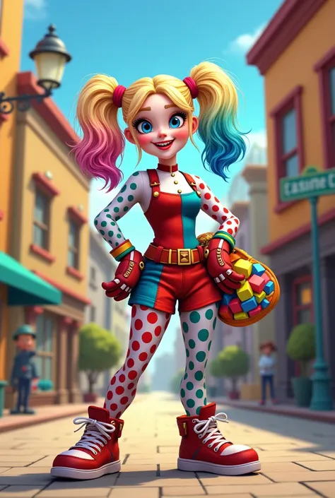 Full body shot of Harley Quinn reimagined as a Sesame Street character 