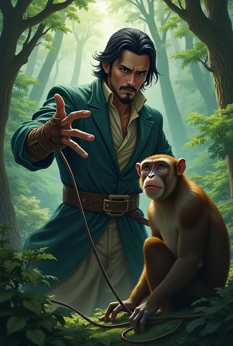 A male character with black hair, a drawn beard and a long goatee without a mustache, wearing a glove that manipulates wires, he has a monkey and they are in a forest. 