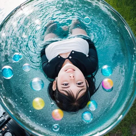 black and white image of a cute chibi manga girl playing smiling with soap bubbles in a park, lots of soap bubbles are transparent and cosmic color and very colorful with many colors in very smooth gradience, image from above, focus on the soap bubbles, bo...