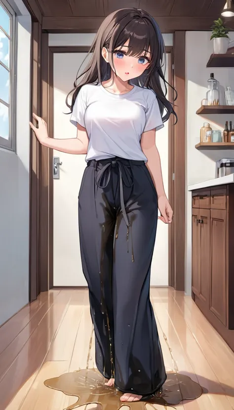 ((best quality, masterpiece:1.3, 8K)), (detailed), highly detailed face and skin texture, detailed eyes, full body, standing, indoor, summer, 1girl, (solo), (1), white skin, bright lips, worried, embarrassed, panicking, long hair, classic outfit, (white co...