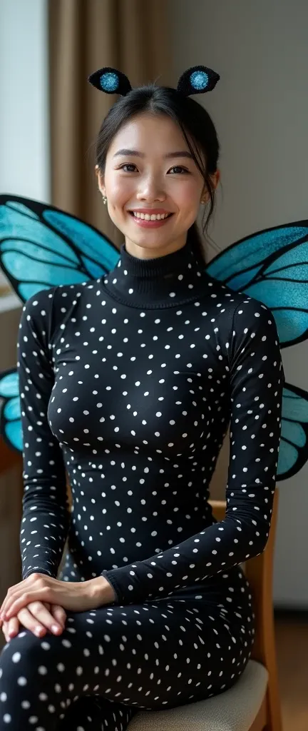 a most beautiful and the most prettiest fourty one years old malaysian chinese adult women wear shiny black beautiful dragonfly lycra long sleeved turtleneck unitard catsuit covered with many seamless white polkadots with a pair of blue dragonfly wings.She...