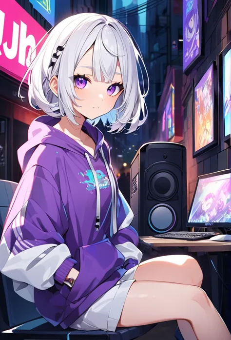 Anime Girls, White short hair, Purple eyes, hoodie, PC, streamer, Virtual YouTuber, Street Style