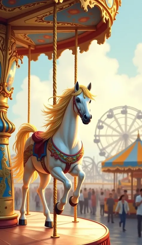 Watercolor painting of a white horse with a blonde mane and tail on a carousel in an amusement park