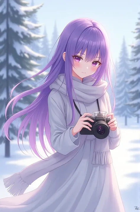 Anime Girl with long purple hair wearing white clothes and scarf taking a photo in a snowy place while holding a glass of drink