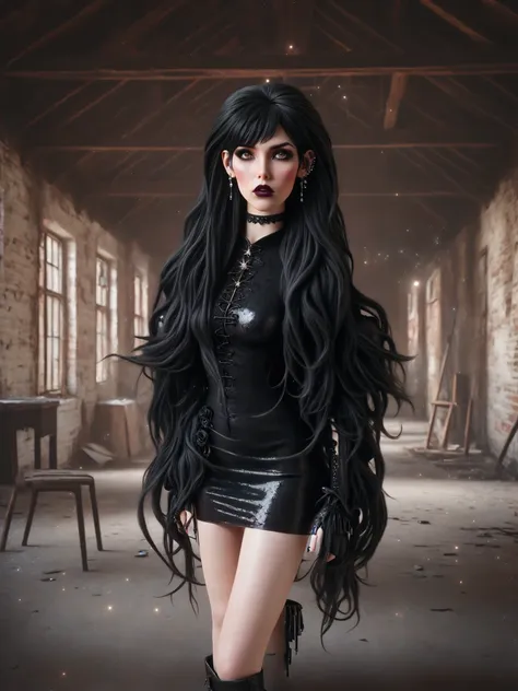 a 3d photorealistic image of a gothic woman with black hair and extremely long, ultra-realistic hair. she is wearing a black pvc...