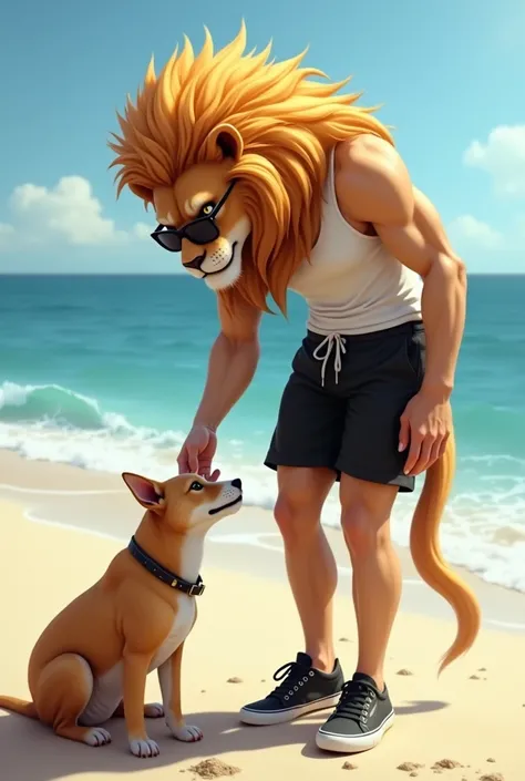 Create a picture of a teenager with a lion&#39;s head, a human body, wearing a white tank top, black shorts, black sneakers, sunglasses, stroking a dog&#39;s head to greet the dog at the beach.