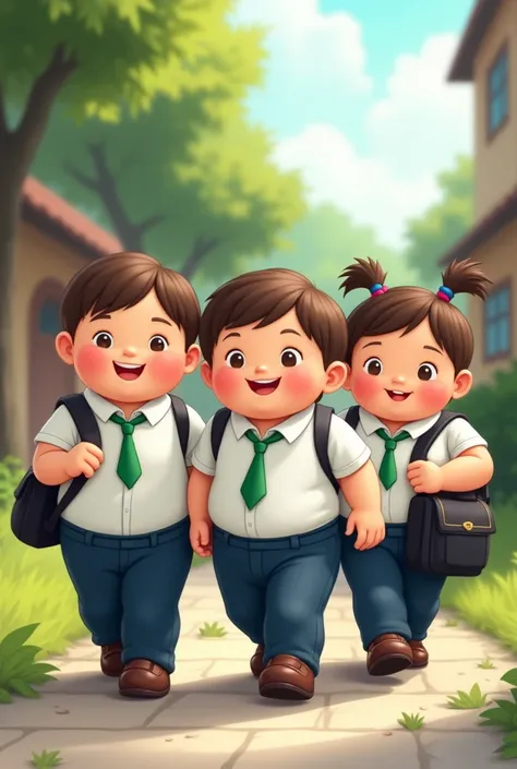 Chubby cute kids wearing white shirt ,navy blue trousers ,green necktie with black shoulder bag going to school