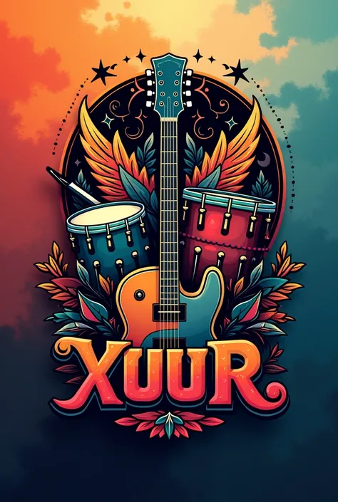 A music band logo including drum eletric guitar 
And name of the band is XUUR, "আমি একেখন নাৱৰে যাত্ৰী"
