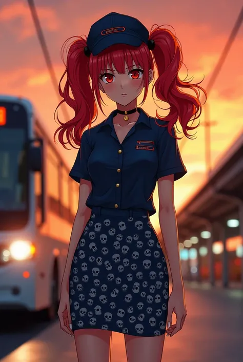 1girl, solo, red hair, red eyes, twintails, employee uniform, pencil skirt, skull print, navy cap, orange sky,, outdoors, train station, standing in front of bus,, 