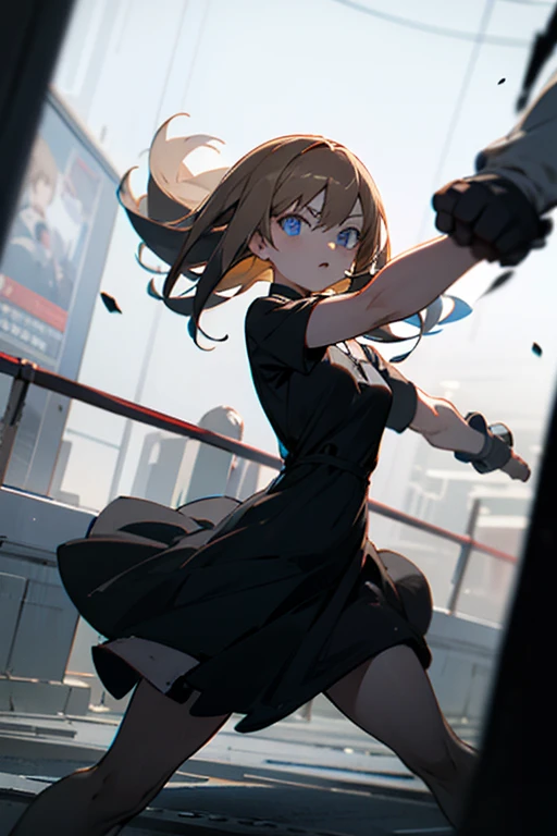 Dark blond, blue eyes, slim black dress, fight stance, alone, looking infront of her, facing her from front, outside