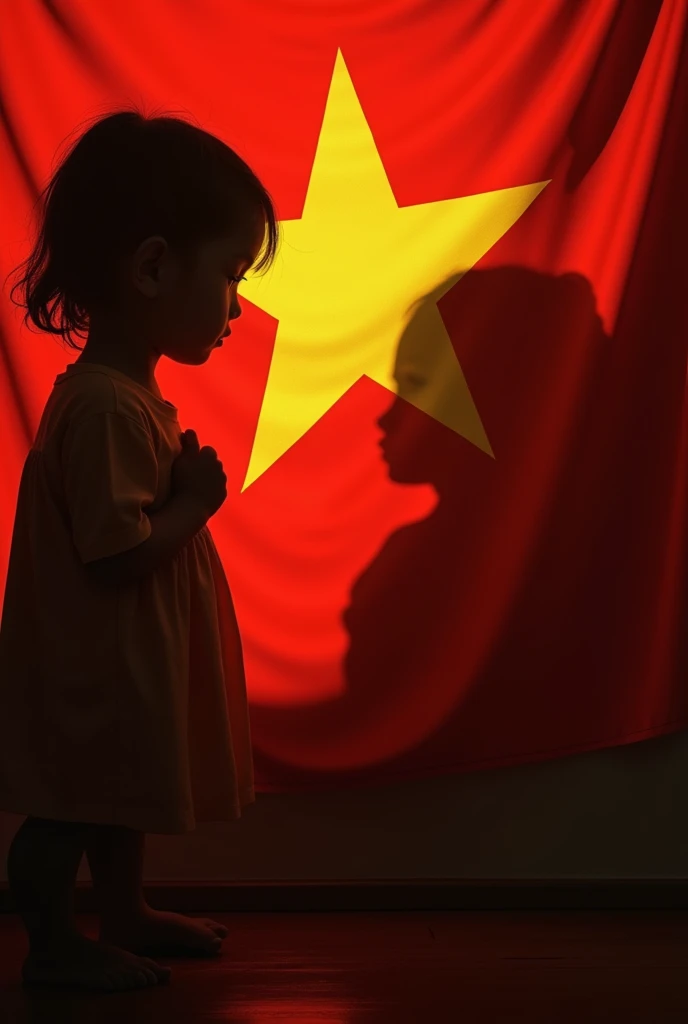 Image of a black shadow of a Vietnamese child with his hand on his chest, eyes looking towards the Vietnamese flag, but the shadow is small, taken from the upper body. (1/3 of the picture)
Take the upper body and small person only., big flag