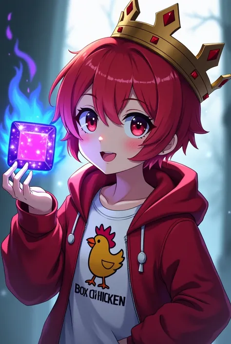 Change my Minecraft skin into anime boy wearing red hoddie and a crown With mini purple square crystal in the middle and Red hair and White inner shirt with box chicken logo  and Blue fiery right hand 

