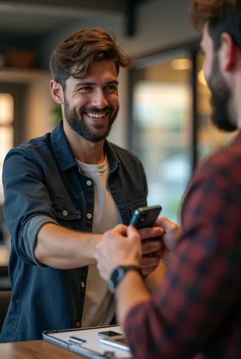 A man giving iphone anthor man