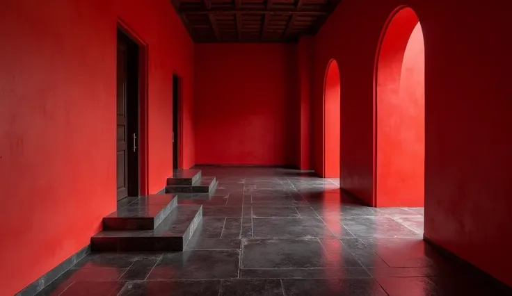 Long  hall with red colour wall ,black ground floor decorated
