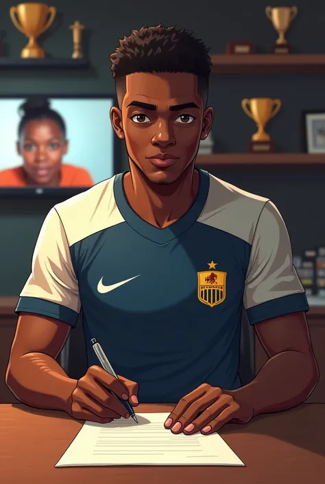 Un garçon gabonais de 23 ans qui signe son premier contrat pro dans un club de football.  Et il ya sa maman qui le regarde jouer à la télé. 