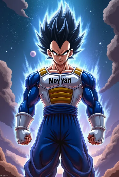 Vegeta DBZ with blue and gold colour and have name noyyan at his amour. At his background is universe 