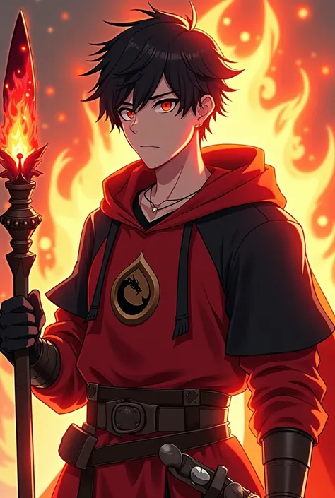 Anime style design of a young, semi-burly man, with dark haircut in red-blood colors with black, with bright crimson eyes, Knight dressed in medieval tunics of mostly red and black colors and wearing a hood of the same red, with details on the chest of the...