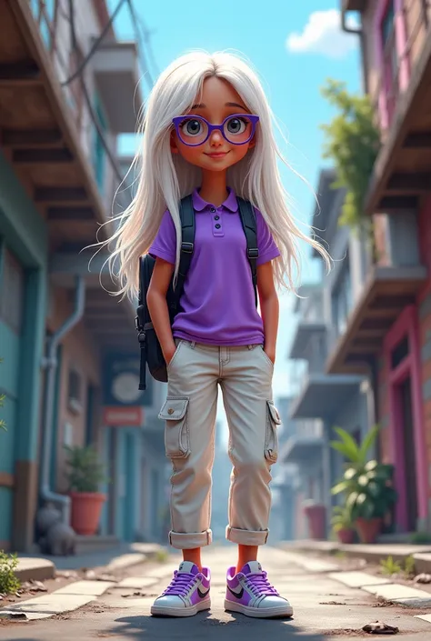 girl, brown skin, white hair, straight hair, long hair, purple polo shirt, white cargo pants, round glasses, purple and white sneakers, backpack; ghetto background street; realistic cartoon 