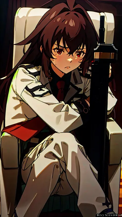 (dark shot:1.1), epic realistic, military uniform, brown hair, red eyes, full body, gun in hand, sad face, (teal and orange:0.4) adult female,  sexy, underwear, throne,  siting on the throne,  partionaly nude. 