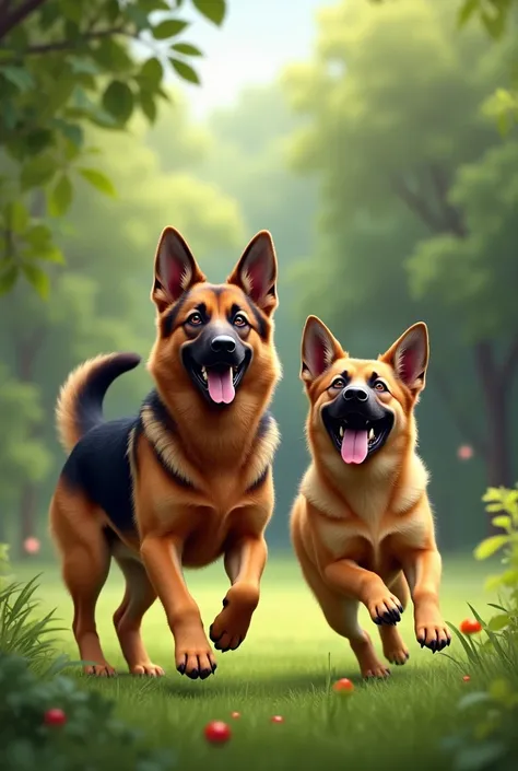 Male and female German shepherd and male Belgian malinos  playing happily 