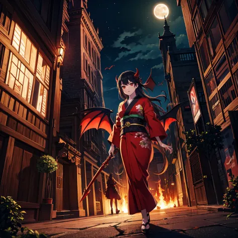 beautiful devil, fantasy world, tattoo, sword, demon, red kimono, dark night, full moon, destroyed city