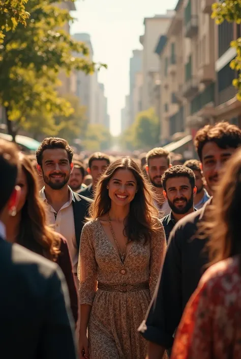 a beautiful group of 20 year old jewish men and women gathered in a jewish city on a beautiful day, intricate details, highly detailed, photorealistic, 8k, HDR, lush environment, warm lighting, cinematic, dramatic, soft focus, dreamy atmosphere