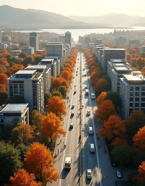 compact city without skyscrapers from a long shot view that is a smart city, autumn