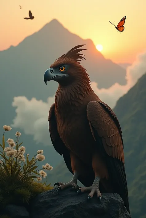 Bergaya photography,A brown garuda bird with a crest stares sharply at dusk on a green mountain peak above the beautiful clouds,with white flowers and butterflies flying in the setting sun,best quality 8k Hd,detail,photography.