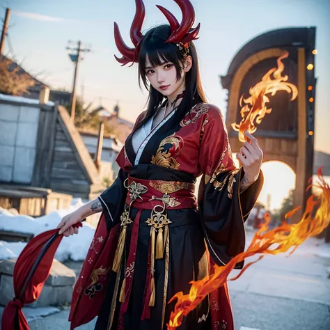 beautiful devil, fire, smoke, tattoo, sword, wolf head, red kimono, 