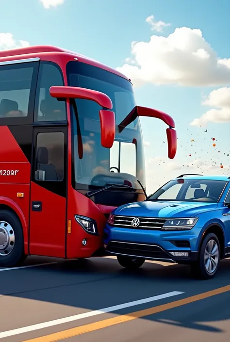 A newer red coach with the inscription Frank Reisen collided with a blue VW driving in front of the bus 