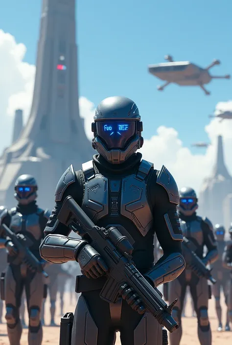 "A futuristic scene showing a group of elite FOI soldiers standing in formation in front of their command base on the planet K01-33. The soldiers are wearing advanced combat armor in dark gray and black, with glowing blue energy lines and reinforced platin...