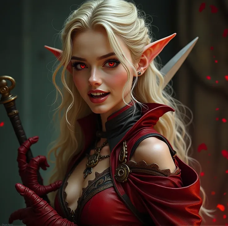 A stunning beautiful blonde female elf vampire, red eyes, pointed cuspid canine teeth, dressed with red leather armor and wielding a rapier as a weapon, evil facial expression, light smile. Her mouth is open, revealing her vampire cuspids teeth