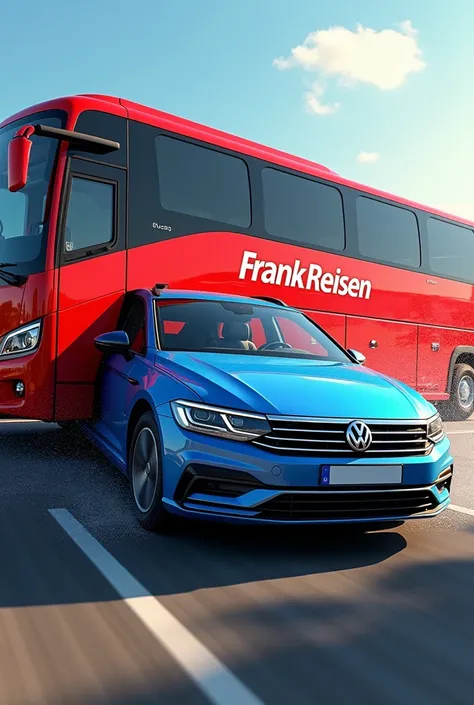 A newer red coach with the inscription Frank Reisen collided with a blue VW driving in front of the bus 