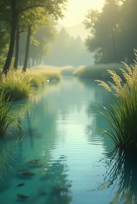 A crystal clear magical lake , with grasses on the edge , very early in the morning 